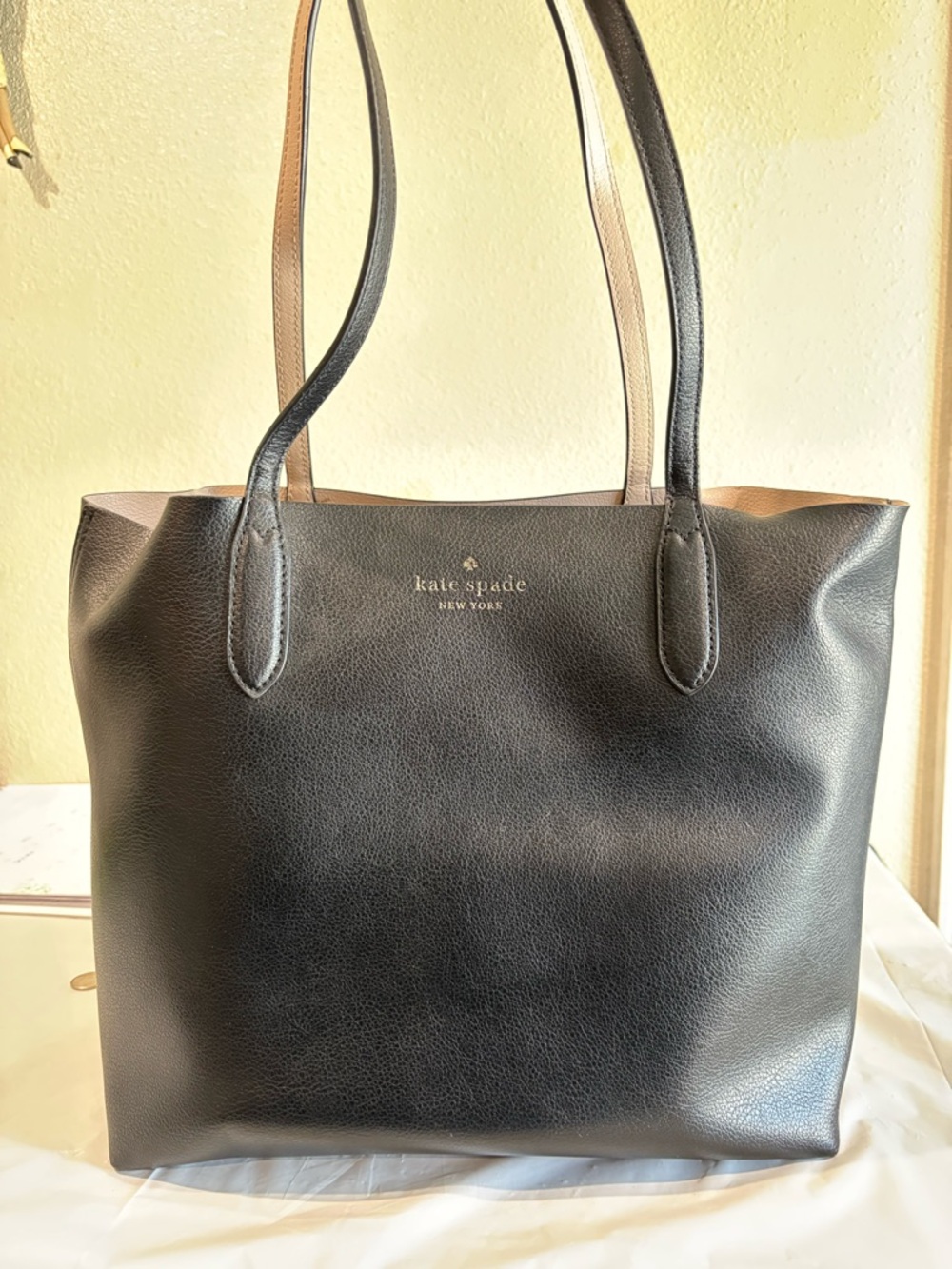 kate spade Black Leather Tote with Tan Interior Trim